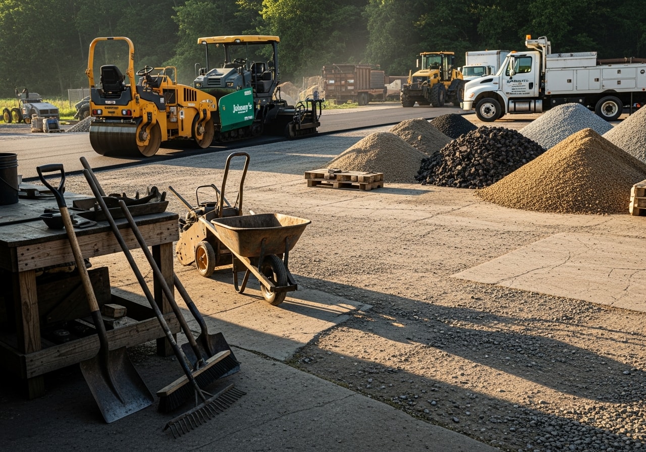 Asphalt paving crew with modern equipment on a residential driveway project, showing professional tools and machinery in action.