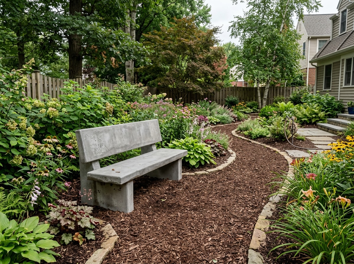 Finished concrete bench in a Western PA backyard garden setting