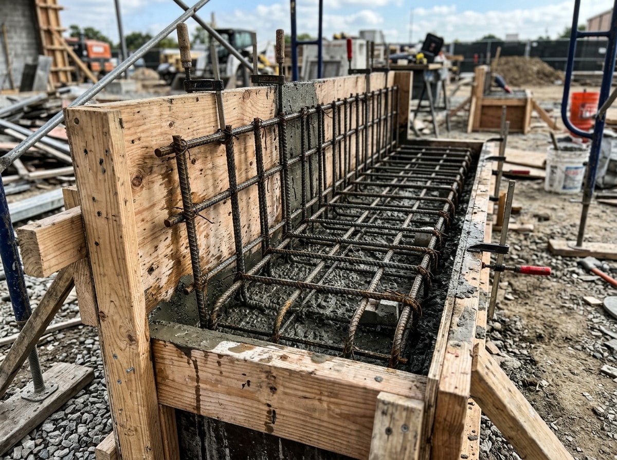 Reinforced concrete bench showing steel rebar support structure before finishing