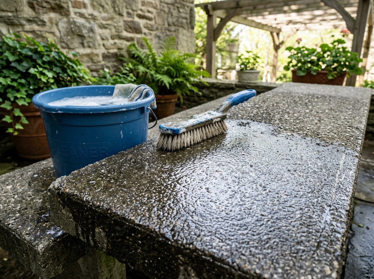 Close-up of a concrete bench surface being cleaned and sealed