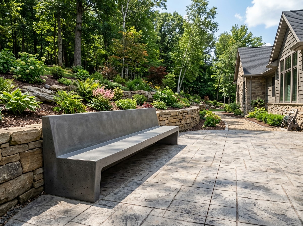 Custom concrete bench installed on a Western PA-style patio