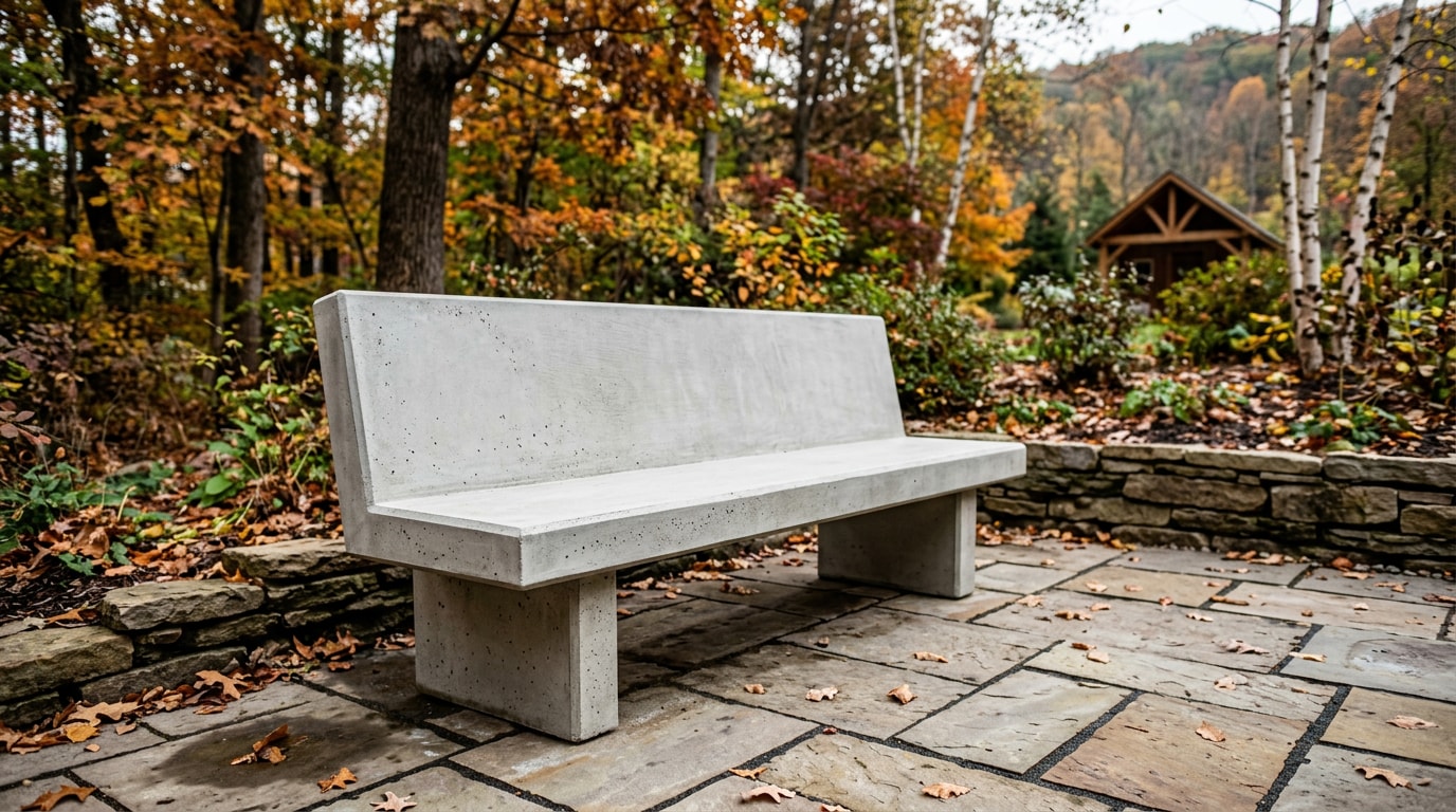 Custom concrete bench installed in a Cranberry Township, PA backyard patio Custom concrete bench installed in a Cranberry Township, PA backyard patio