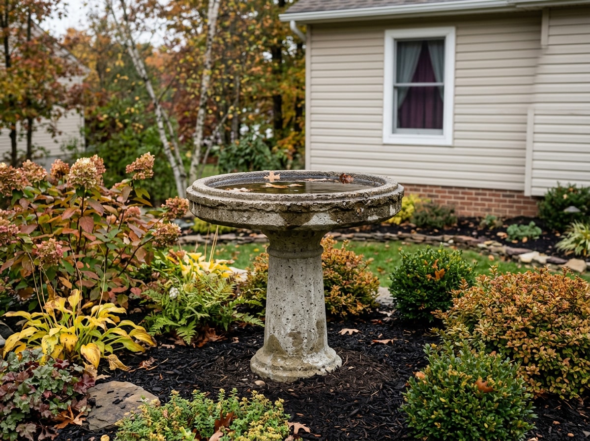 Concrete pedestal bird bath with a round basin in a landscaped Franklin Park, PA backyard