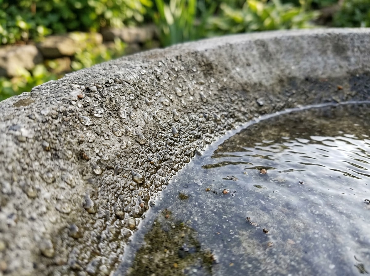 Close-up of a shallow, textured concrete bird bath basin