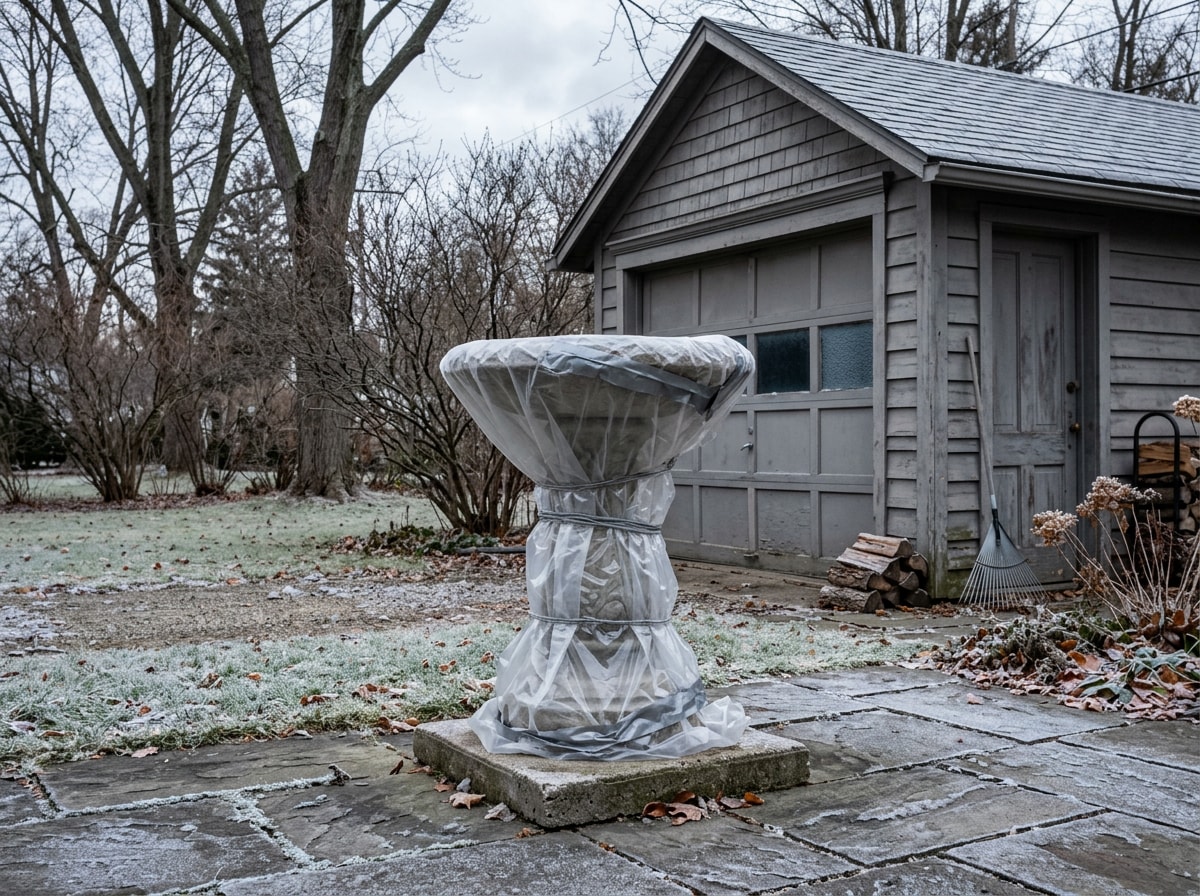 Concrete bird bath wrapped in plastic sheeting for winter storage in a Franklin Park, PA yard