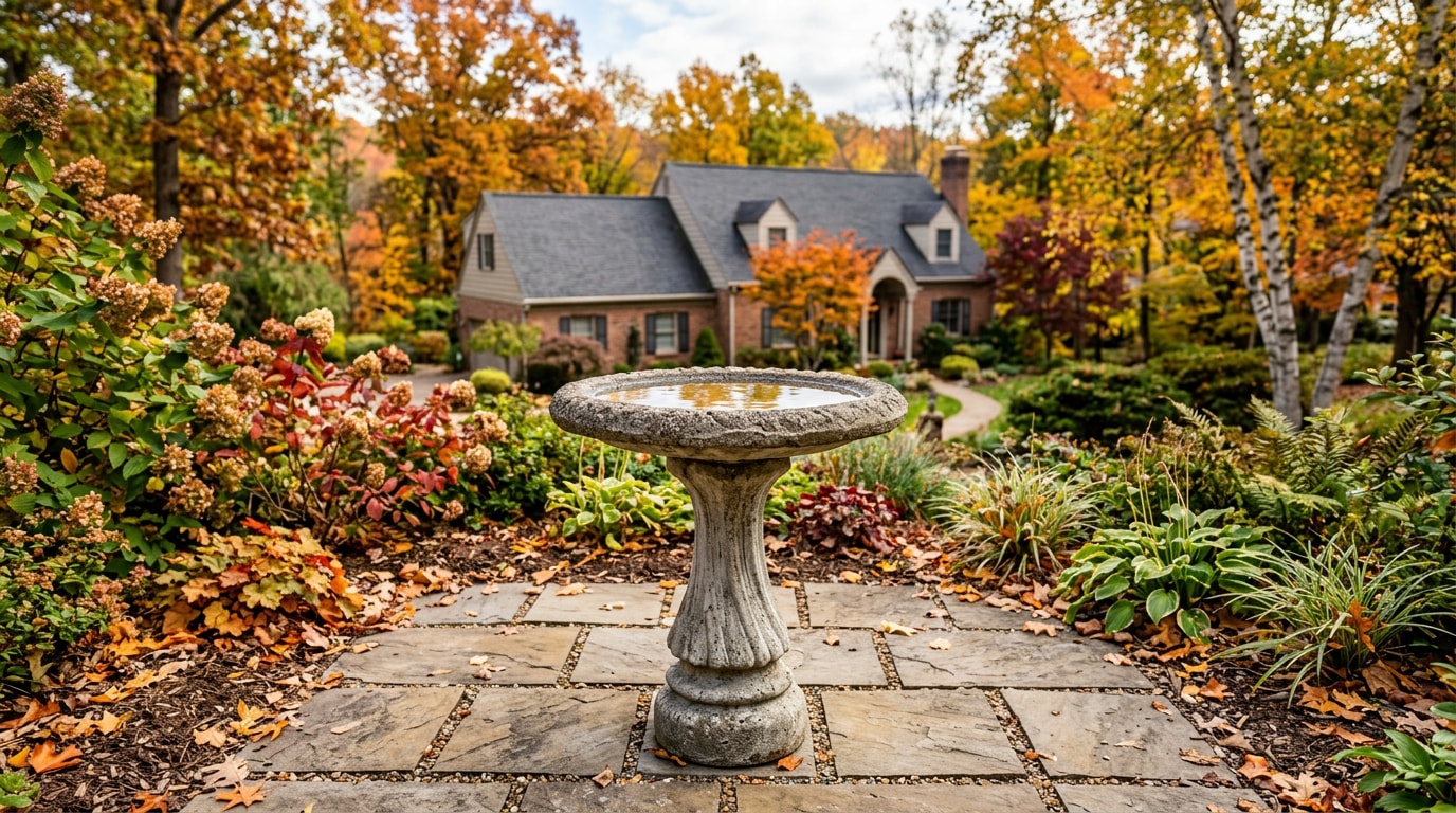 Concrete pedestal bird bath set on a stable paver base in a Franklin Park, PA backyard Concrete pedestal bird bath set on a stable paver base in a Franklin Park, PA backyard