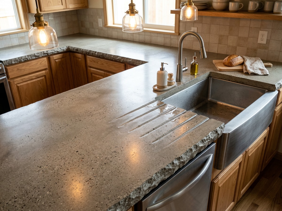 Finished concrete kitchen countertop with a smooth sealed surface and integrated edge detail