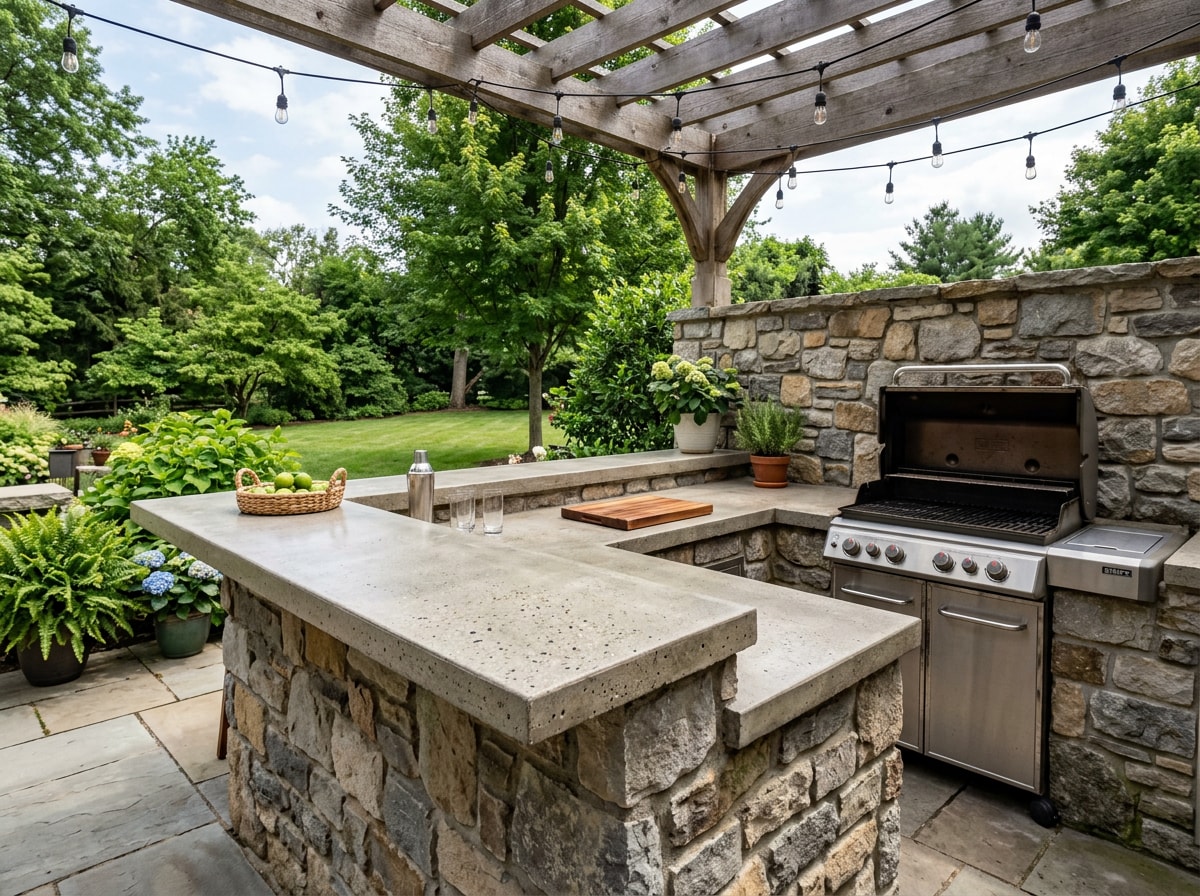 Outdoor concrete bar top countertop built into a backyard patio kitchen