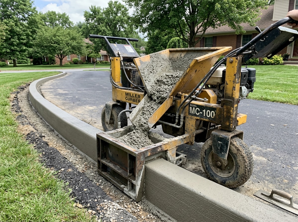 concrete curb machine extruding continuous concrete curb on a Cheswick, PA job site