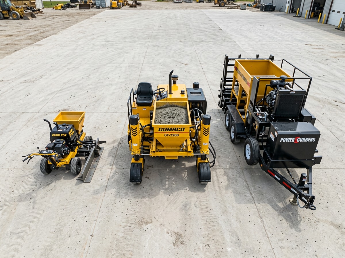 comparison chart of walk-behind, ride-on, and trailer-mounted concrete curb machines