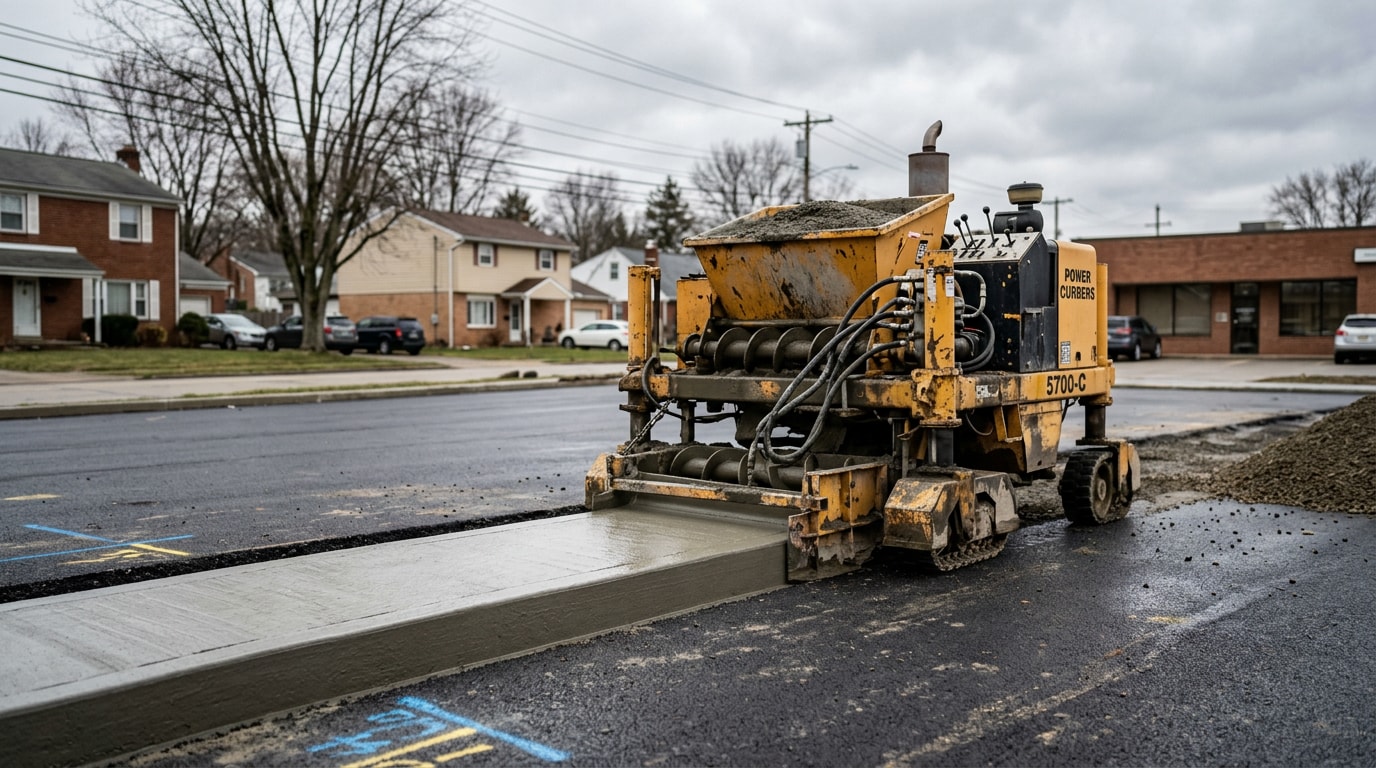 Concrete curb machine extruding a continuous curb along a parking lot edge