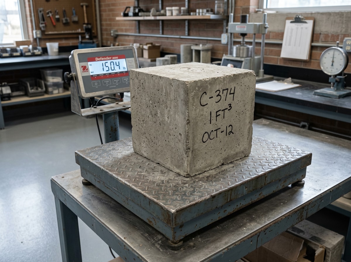 Labeled diagram of a one-cubic-foot concrete block showing its approximate weight