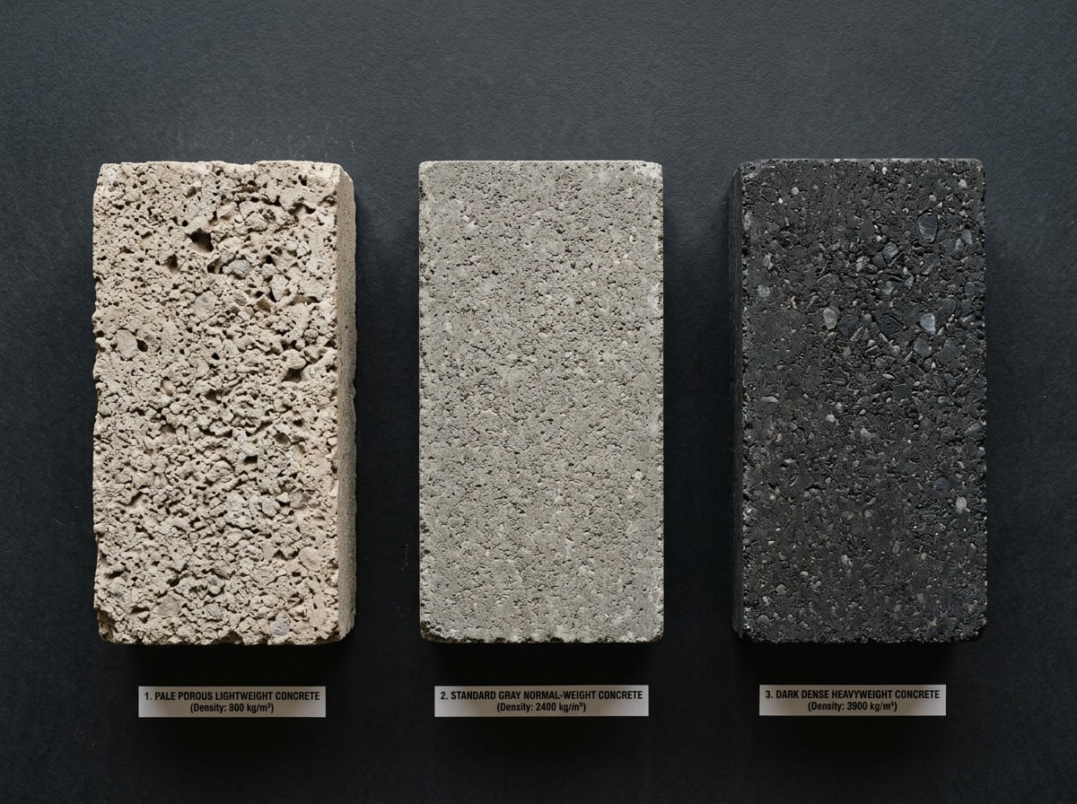 Comparison chart showing lb/ft³ density ranges for lightweight, normal-weight, and high-density concrete
