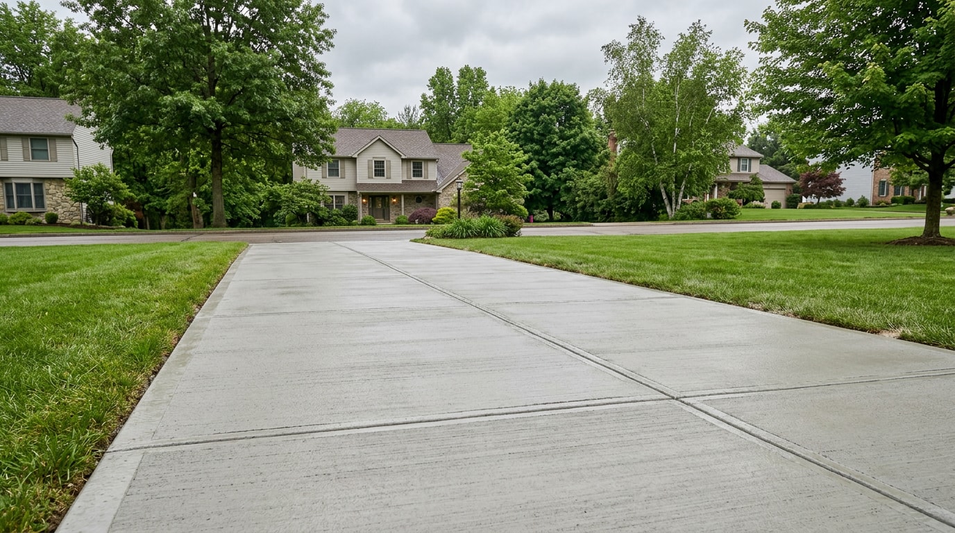 Freshly poured and finished concrete driveway slab in a Hampton Township, PA residential setting Freshly poured and finished concrete driveway slab in a Hampton Township, PA residential setting