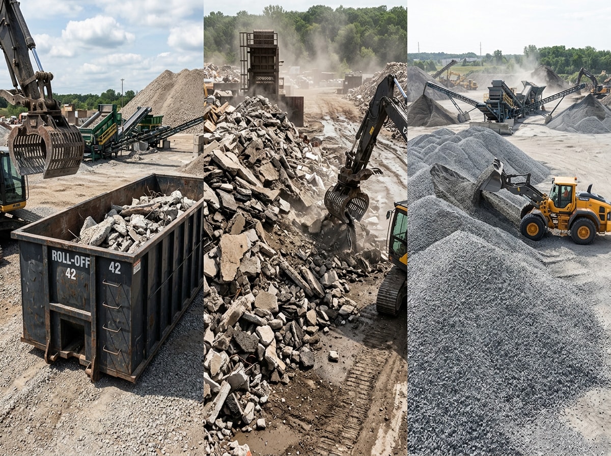 Side-by-side comparison of a dumpster rental, a landfill drop-off, and a concrete recycling pile