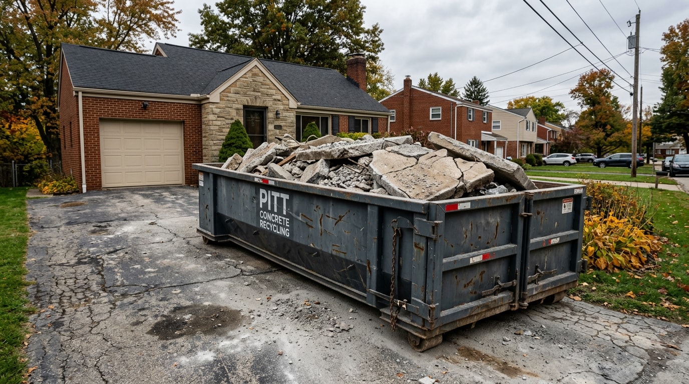 Heavy-debris dumpster filled with broken concrete on a residential driveway Heavy-debris dumpster filled with broken concrete on a residential driveway