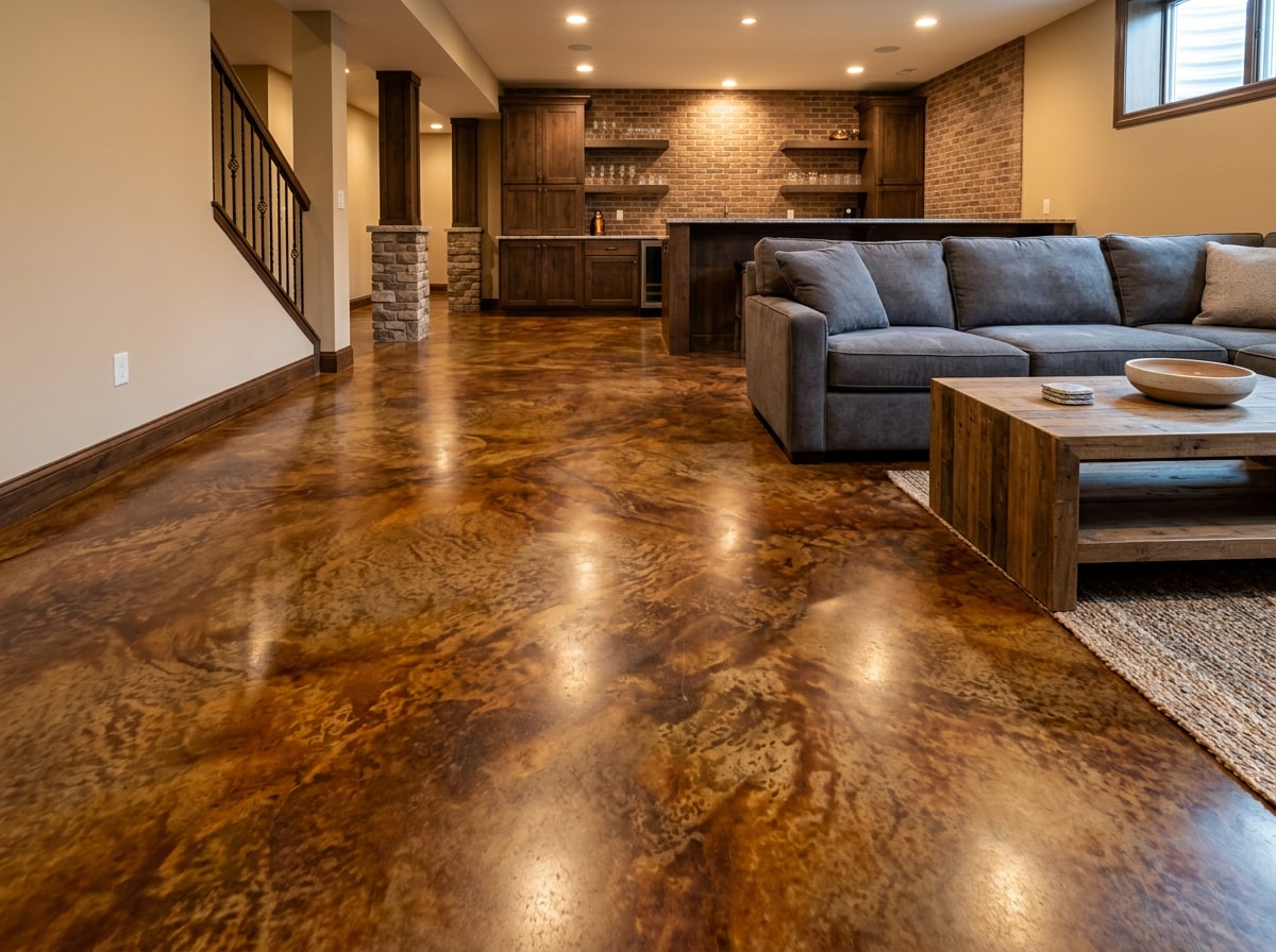 Finished decorative concrete floor with stained pattern in a renovated Wexford basement
