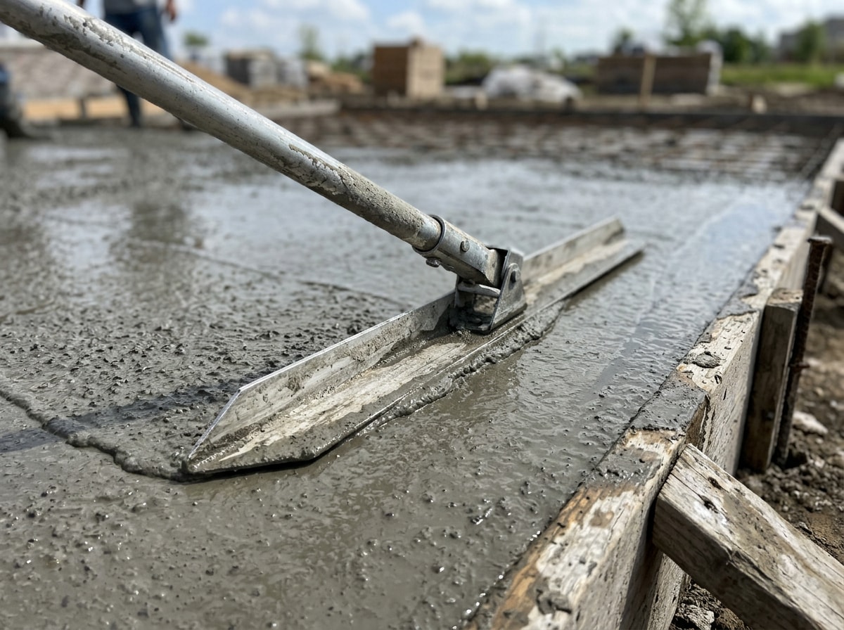Concrete crew screeding and finishing a freshly poured backyard patio slab