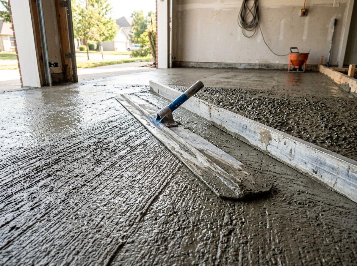 Concrete screed contractor finishing a garage floor in McCandless Township, PA