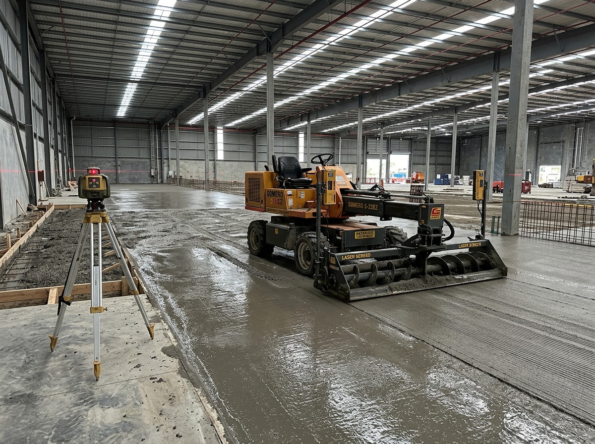 Laser screed equipment leveling a concrete slab before curing