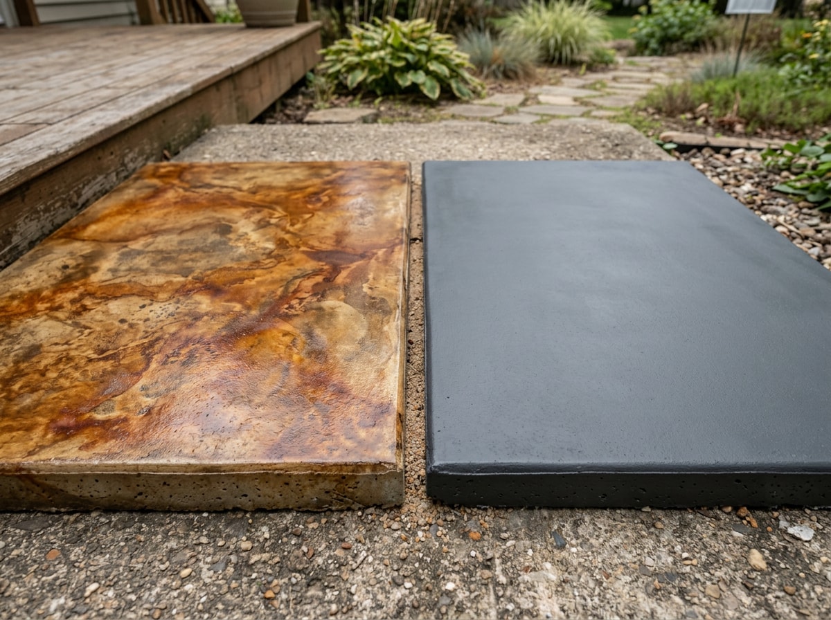 side-by-side acid stain and water-based stain color chart on concrete samples