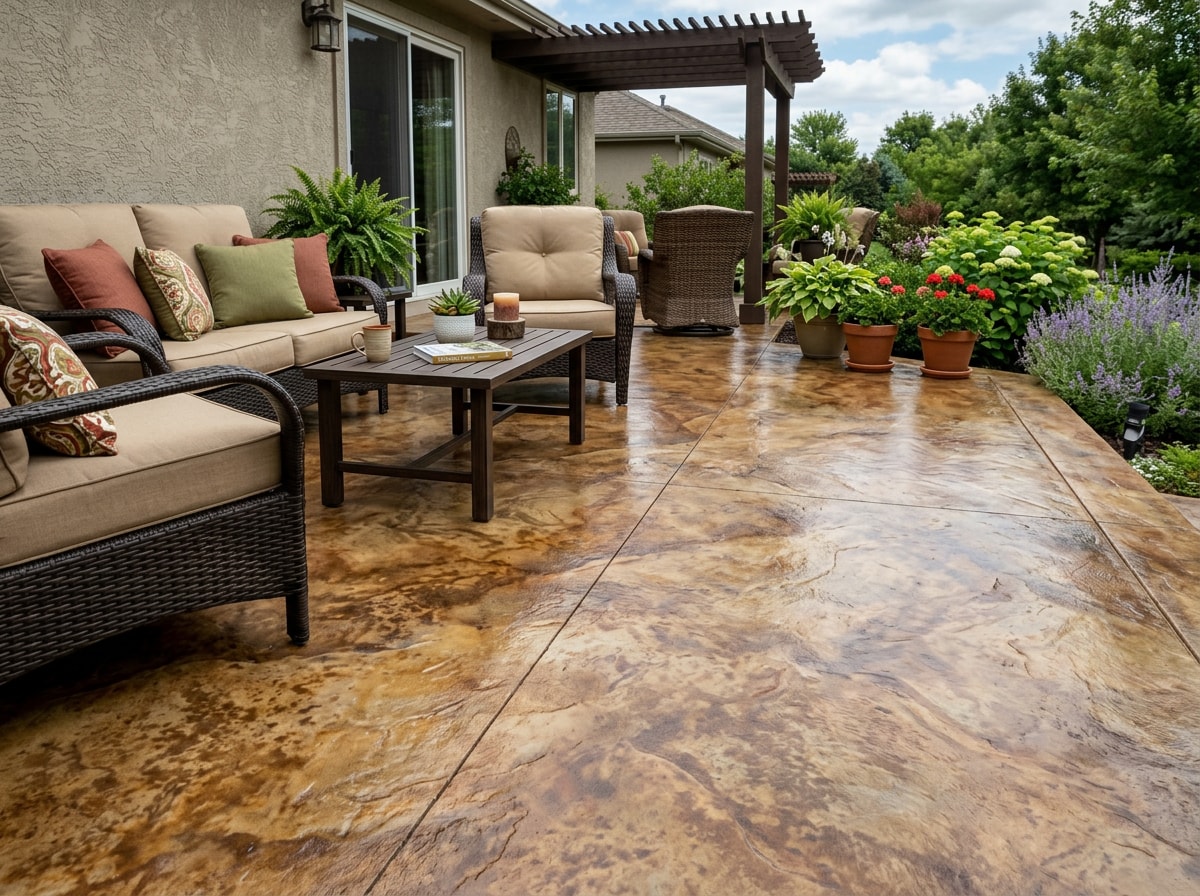 custom blended multi-tone stained concrete patio with layered earth-tone colors