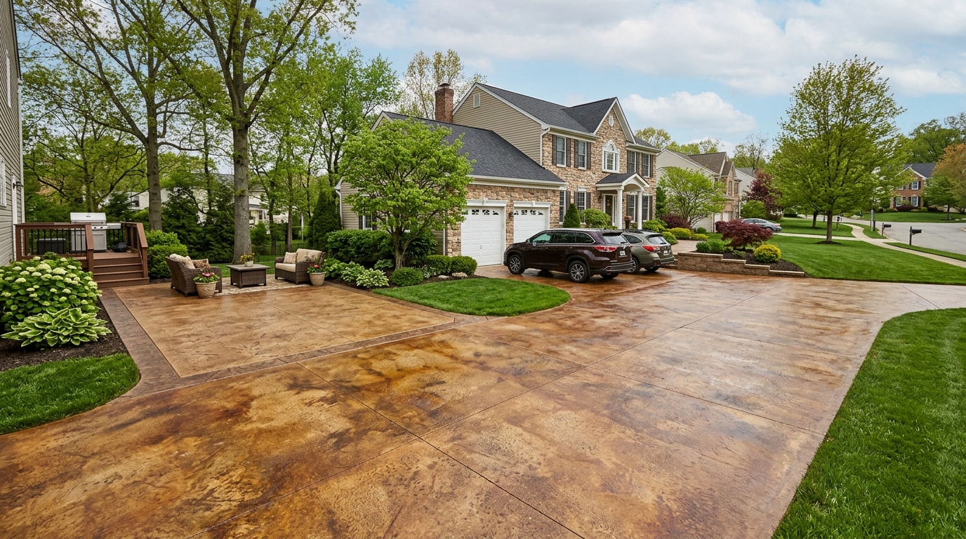 Stained concrete driveway in warm brown tones at a Franklin Park, PA home