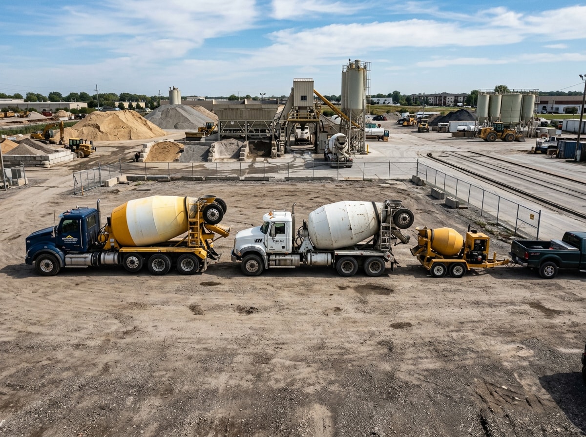 Side-by-side comparison of standard, mini, and large concrete mixer trucks showing cubic yard capacity