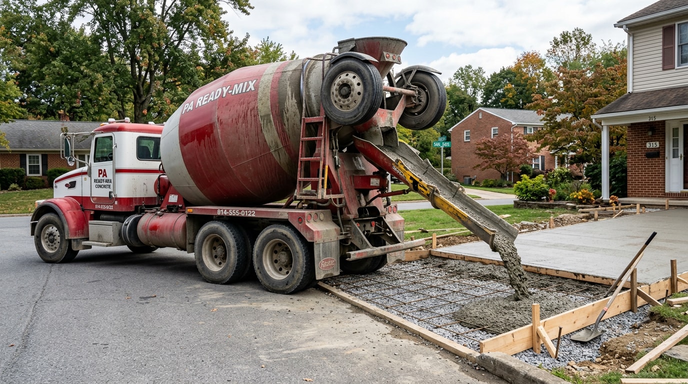 Concrete ready-mix truck pouring a driveway slab in a suburban neighborhood