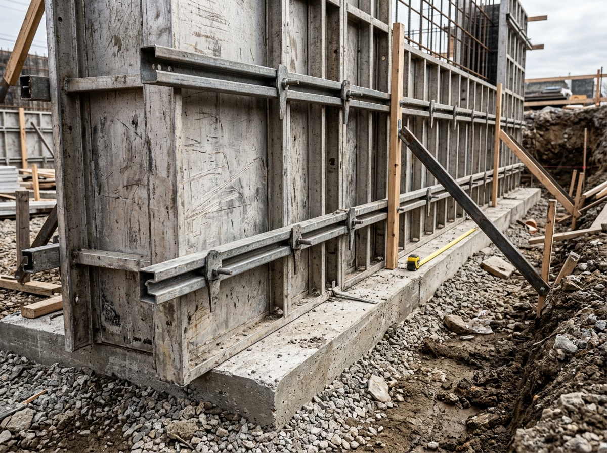 Aluminum concrete wall forms braced and set for a residential foundation pour
