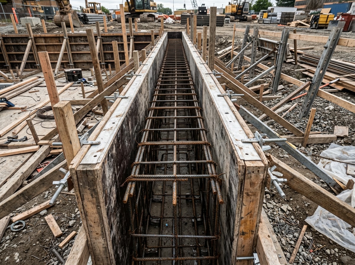 Rebar grid placed inside braced wall forms before a concrete pour