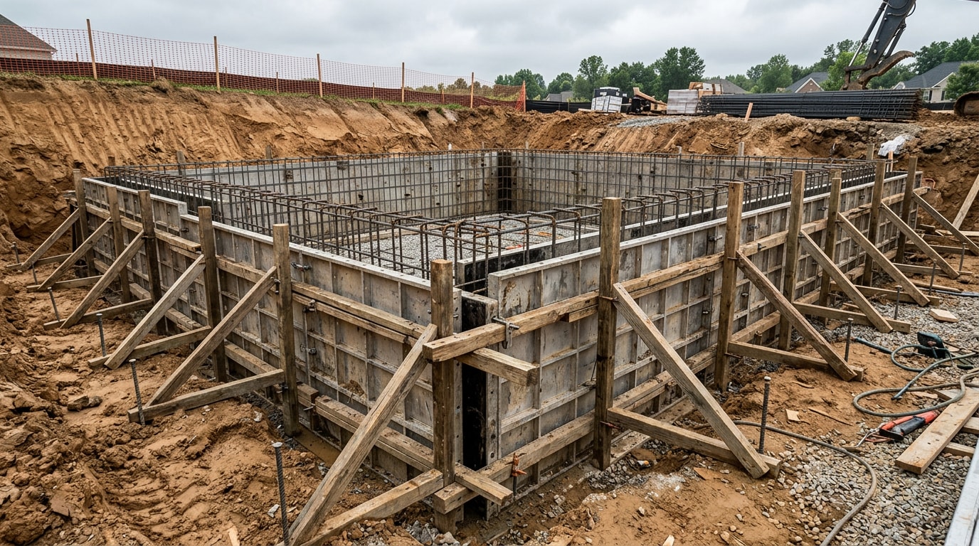 Concrete wall forms braced and ready for a foundation pour at a residential construction site Concrete wall forms braced and ready for a foundation pour at a residential construction site