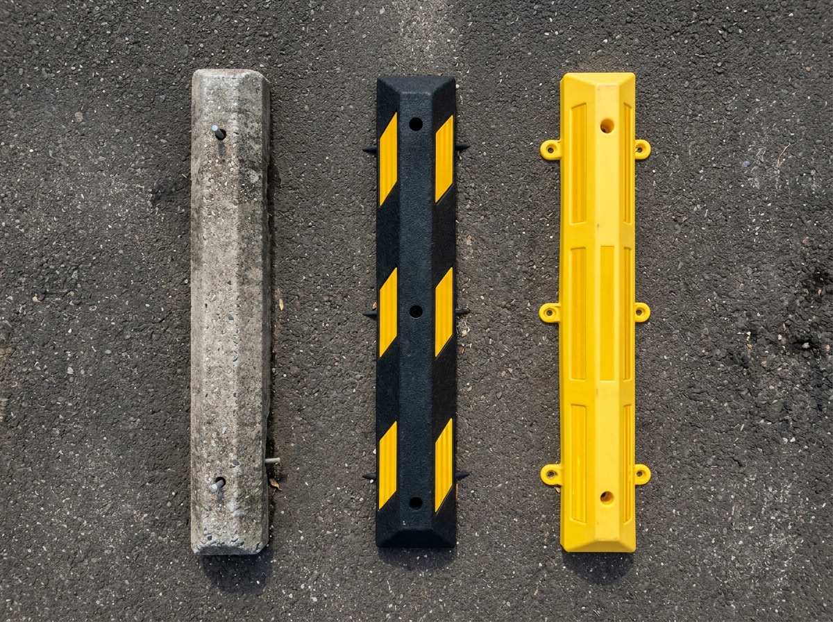 Side-by-side comparison chart of concrete, rubber, and plastic wheel stop lifespan and durability