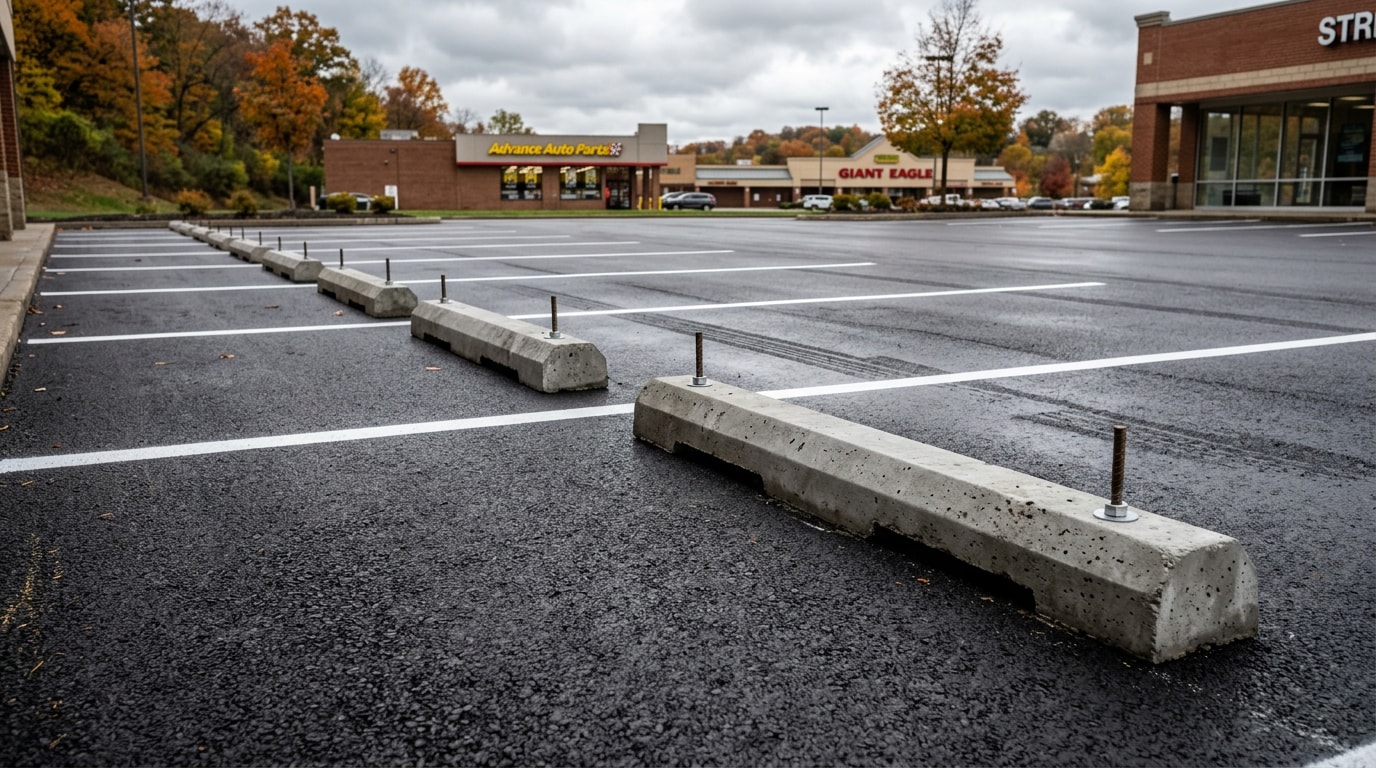 Row of concrete wheel stops installed in a parking lot in McCandless Township, PA Row of concrete wheel stops installed in a parking lot in McCandless Township, PA
