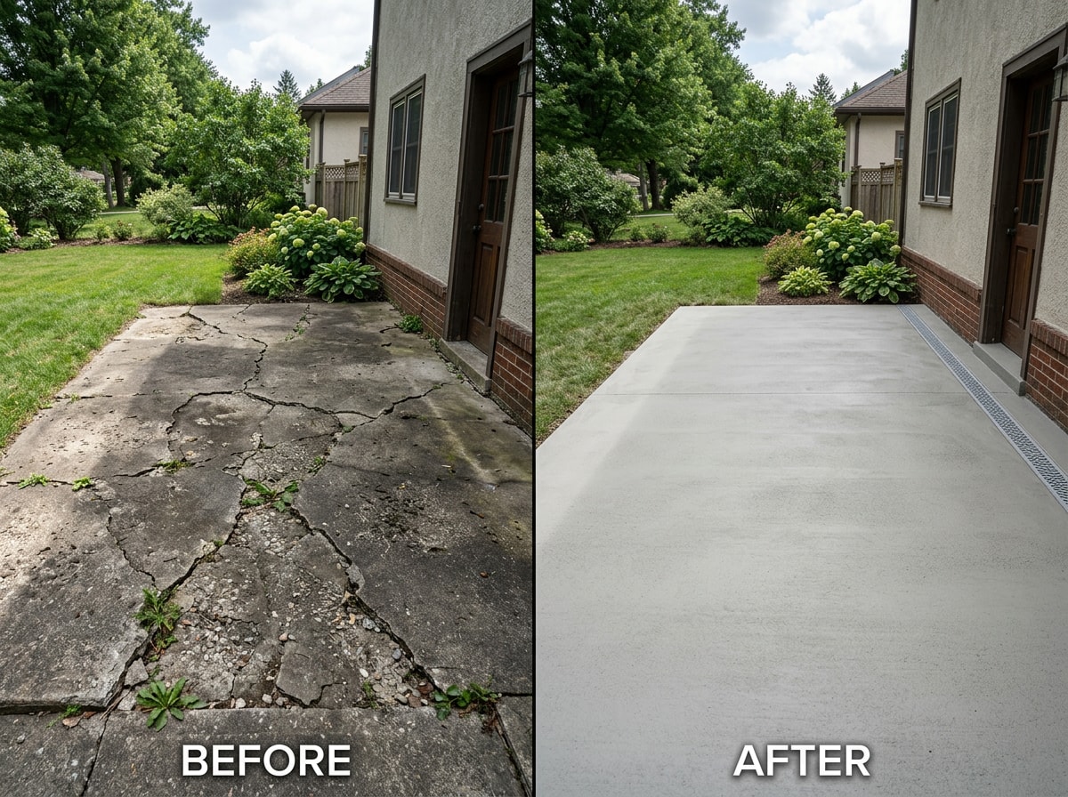 Before and after photo of a cracked concrete patio slab repaired and resurfaced in Hampton Township, PA