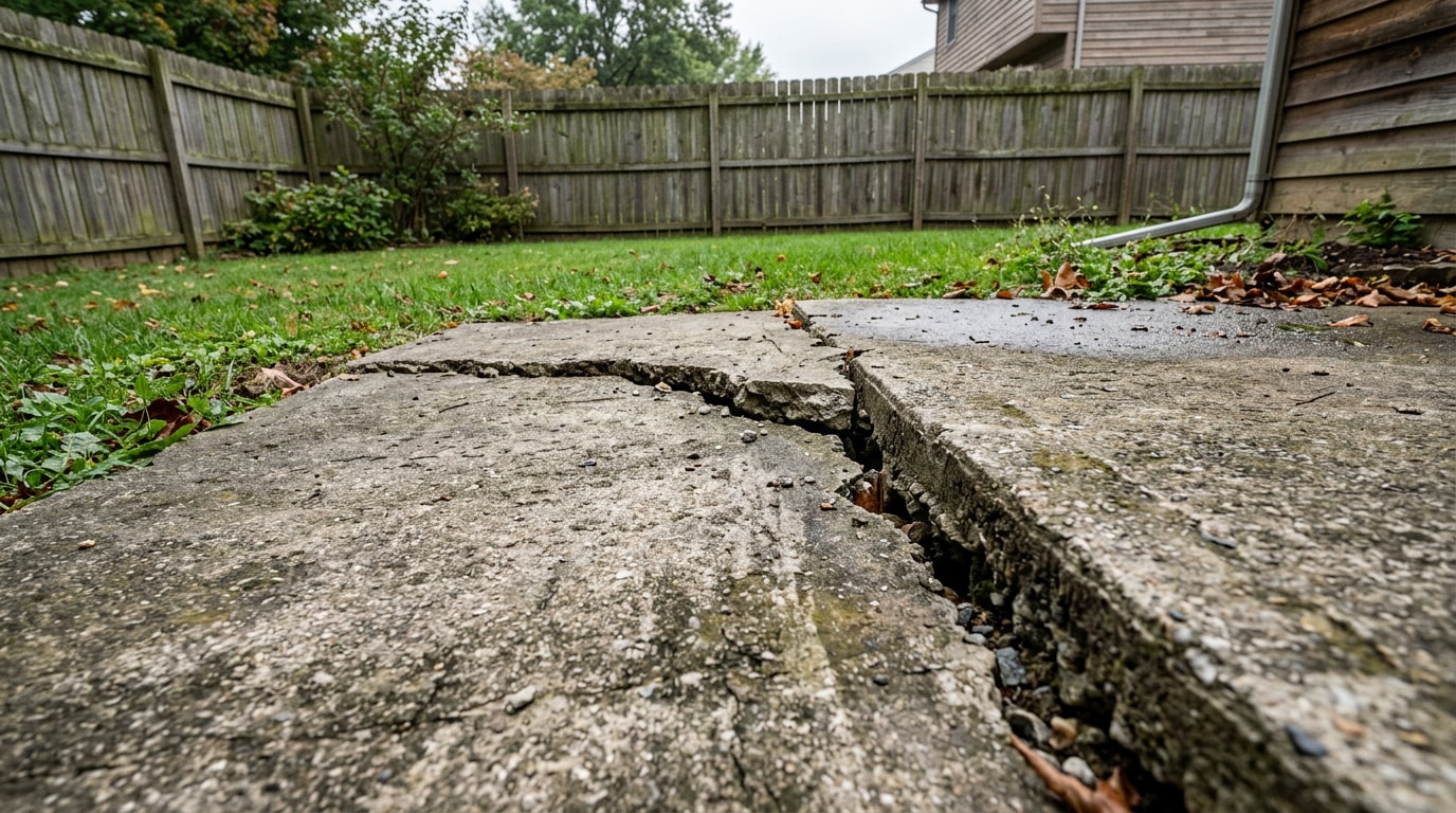 Cracked concrete patio slab with a settlement crack in a Hampton Township, PA backyard Cracked concrete patio slab with a settlement crack in a Hampton Township, PA backyard