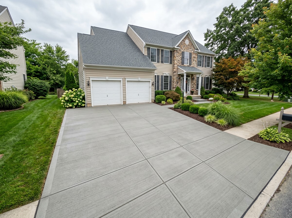 Finished broom-textured concrete driveway after a ready-mix pour