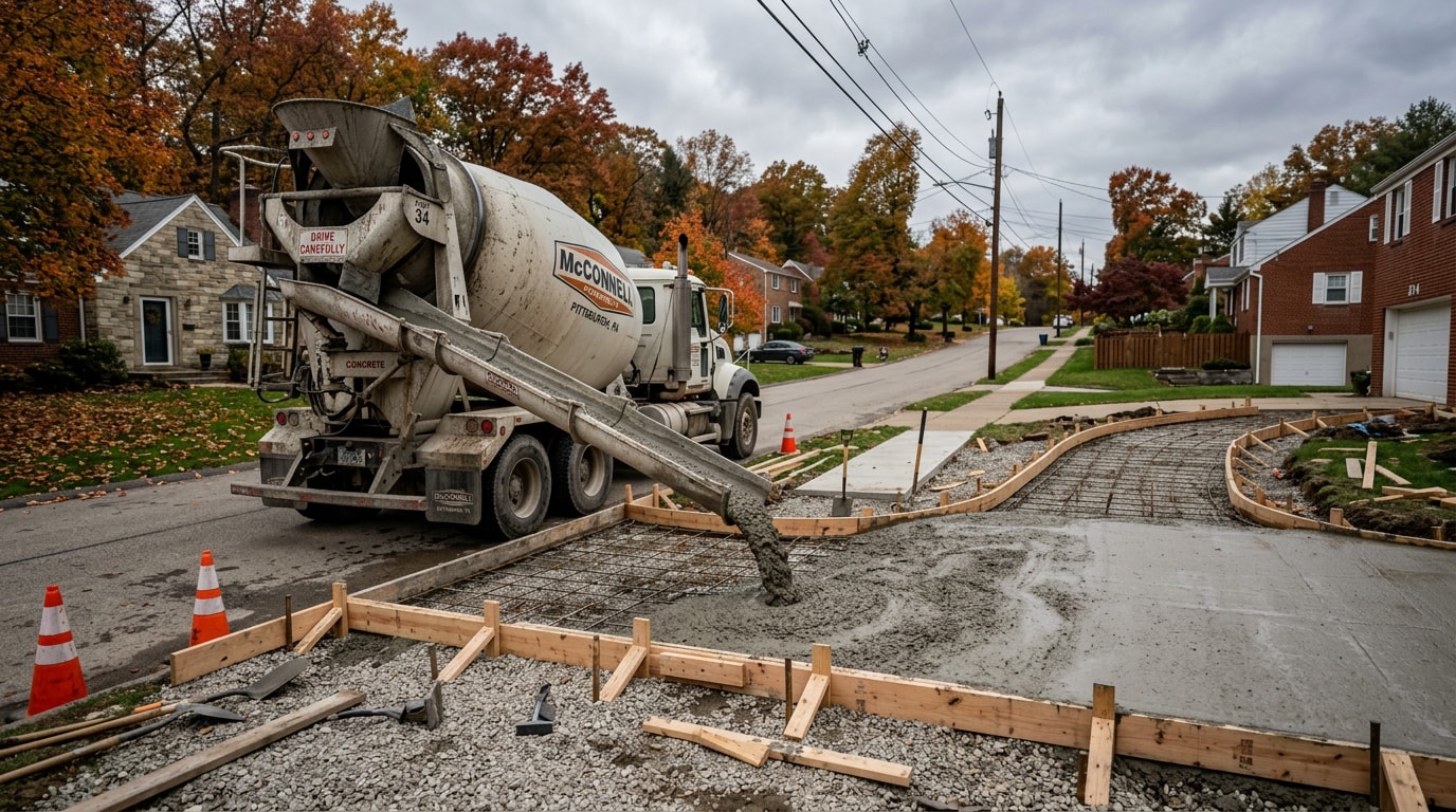 Ready mix concrete truck delivering a pour to a residential driveway in Allison Park, PA