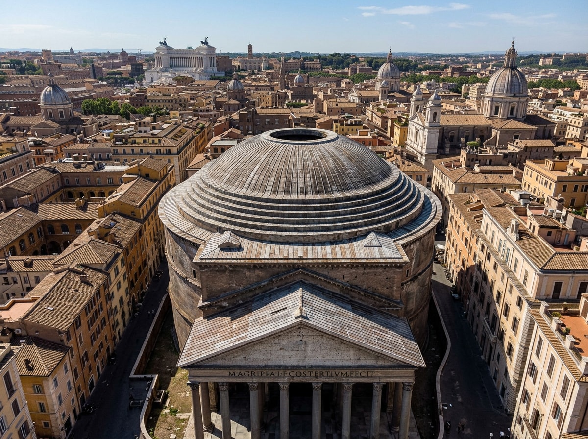 Aerial view of the Pantheon dome in Rome, an example of ancient Roman concrete architecture