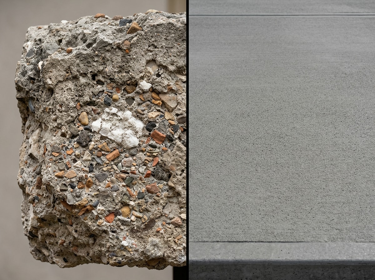 Infographic comparing Roman concrete and modern Portland cement concrete across curing time, reinforcement, and lifespan