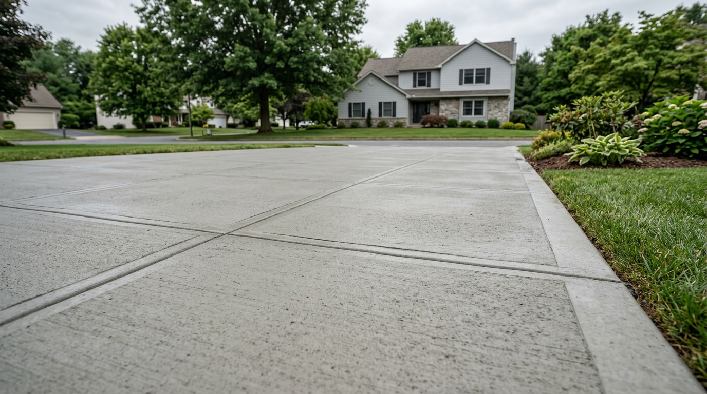 Freshly finished concrete driveway slab with control joints in a suburban Pennsylvania setting