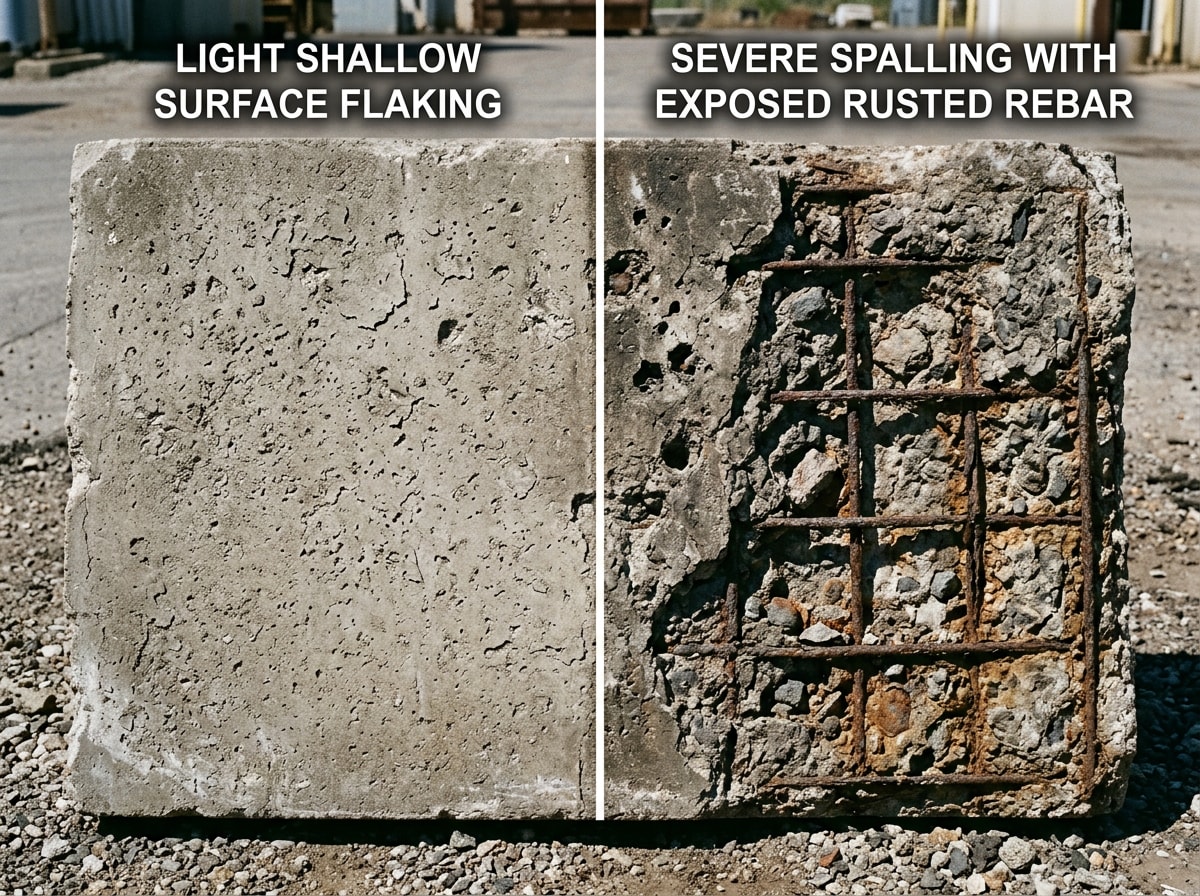 Comparison of light surface flaking versus severe spalling with exposed rebar on a concrete driveway