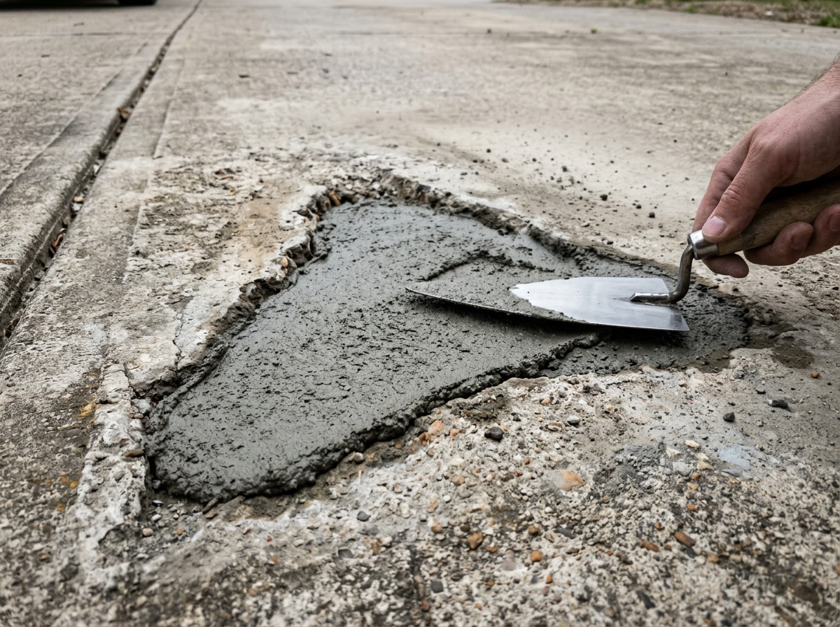 Step-by-step photo showing cleaning and patching of a spalled concrete section with a trowel