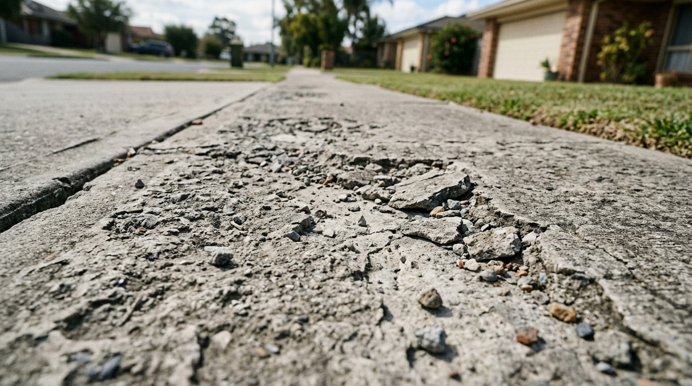 Spalling concrete driveway surface with visible chips and flaking in Wexford, PA Spalling concrete driveway surface with visible chips and flaking in Wexford, PA