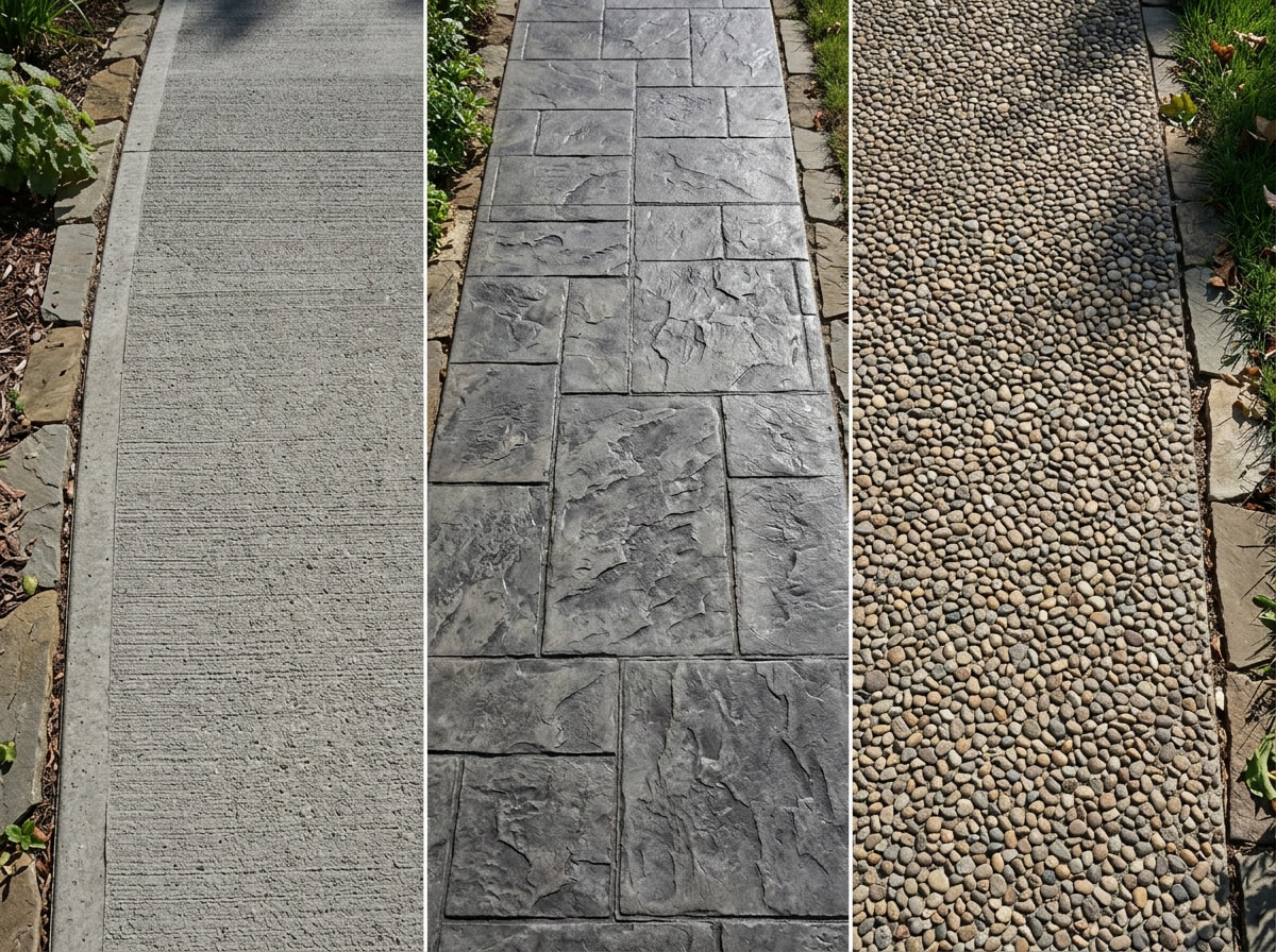Side-by-side comparison of broom finish, stamped concrete, and exposed aggregate textures