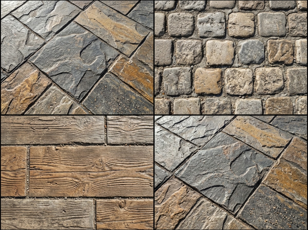 Close-up gallery of ashlar slate, cobblestone, and wood plank stamp patterns
