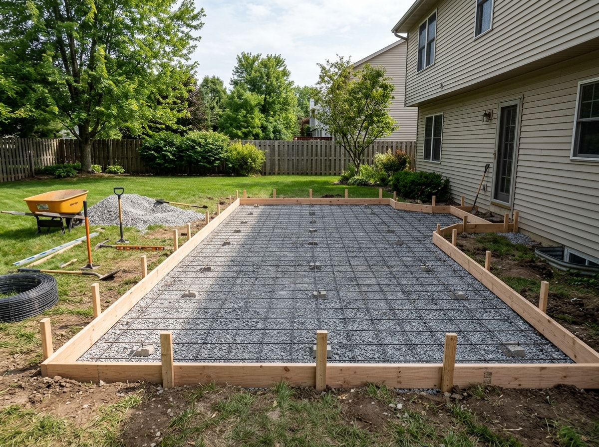 Compacted gravel base and form boards set for a concrete patio pour
