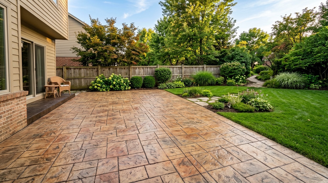 Finished stamped concrete patio with ashlar slate pattern in a Sewickley, PA backyard