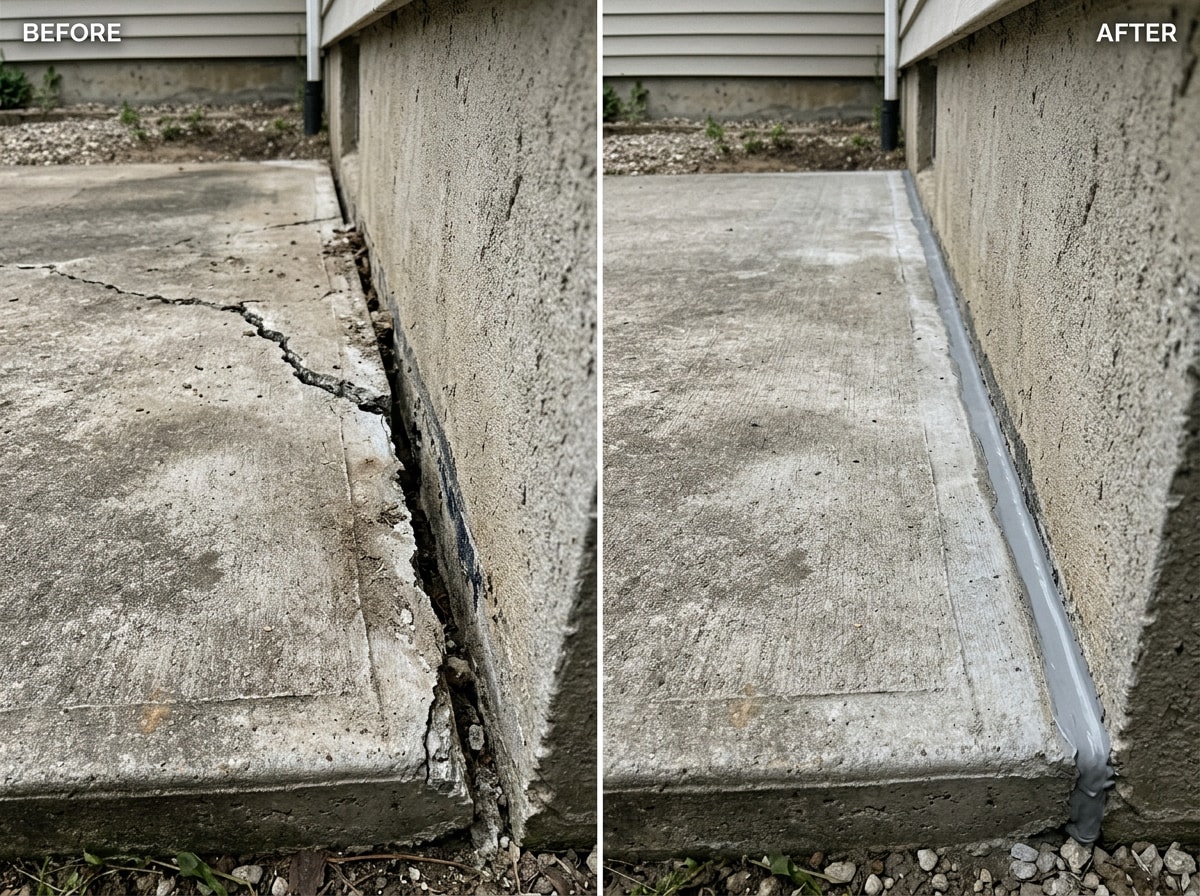 Before and after comparison of a leveled concrete slab with drainage correction