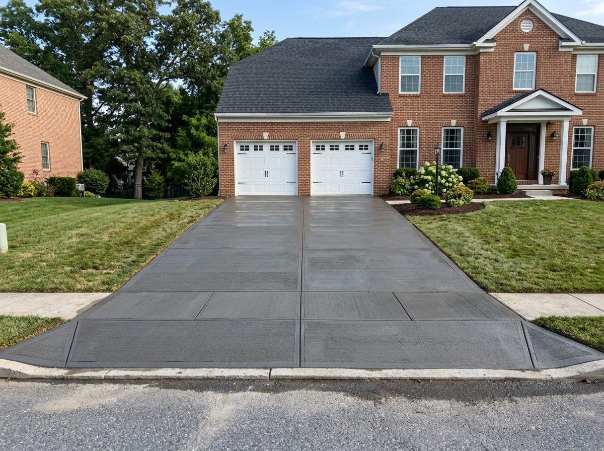 Freshly poured concrete driveway with broom finish in front of a Sewickley, PA home